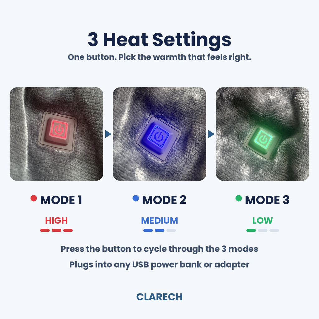 Clarech heated shawl 3 heat settings: red high, blue medium, green low