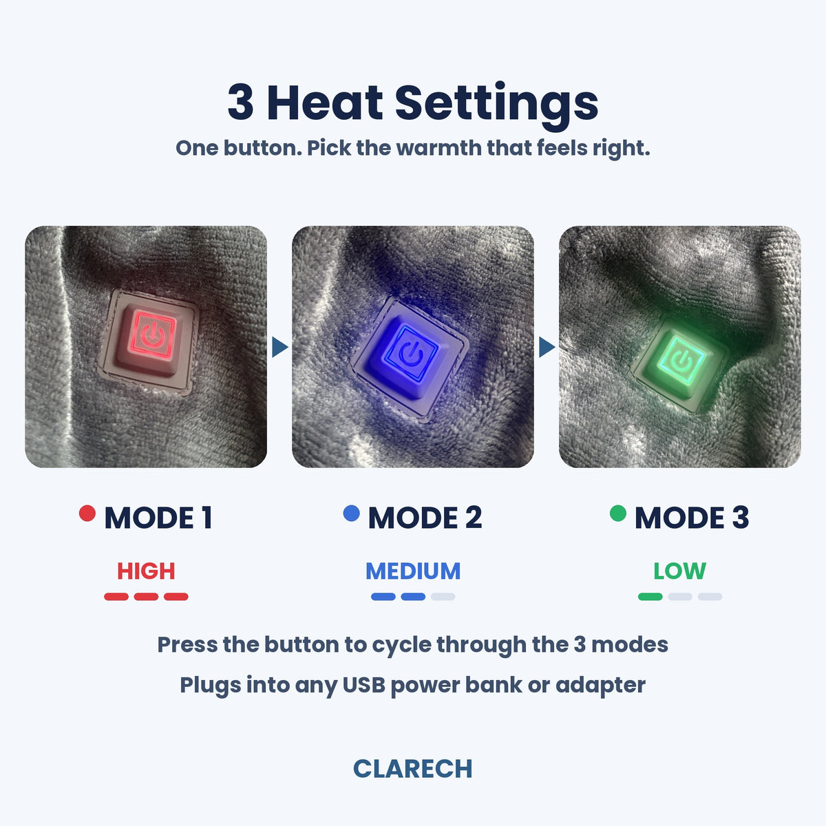 Clarech heated shawl 3 heat settings: red high, blue medium, green low